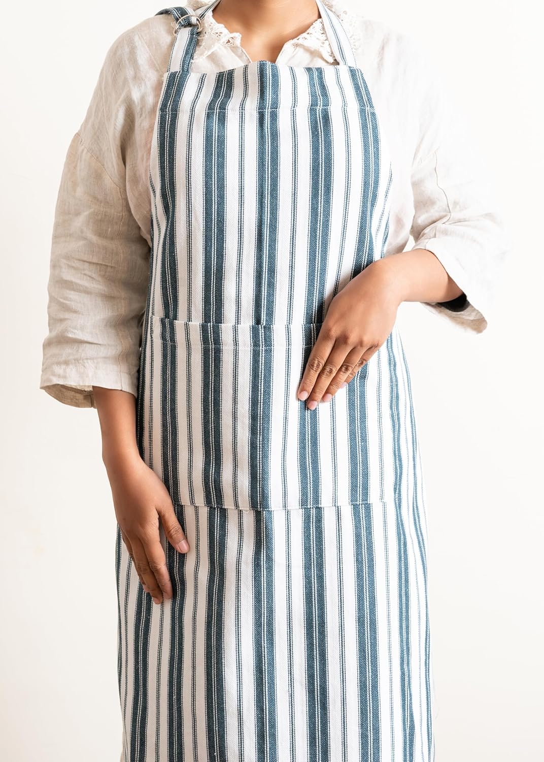 Cotton Professional Apron For Kitchen – 28 x 32 Inches – Women & Men – Useful When Cooking, Baking, Gardening – Adjustable Strap Around Waist & Neck With Pockets Navy Blue Stripes