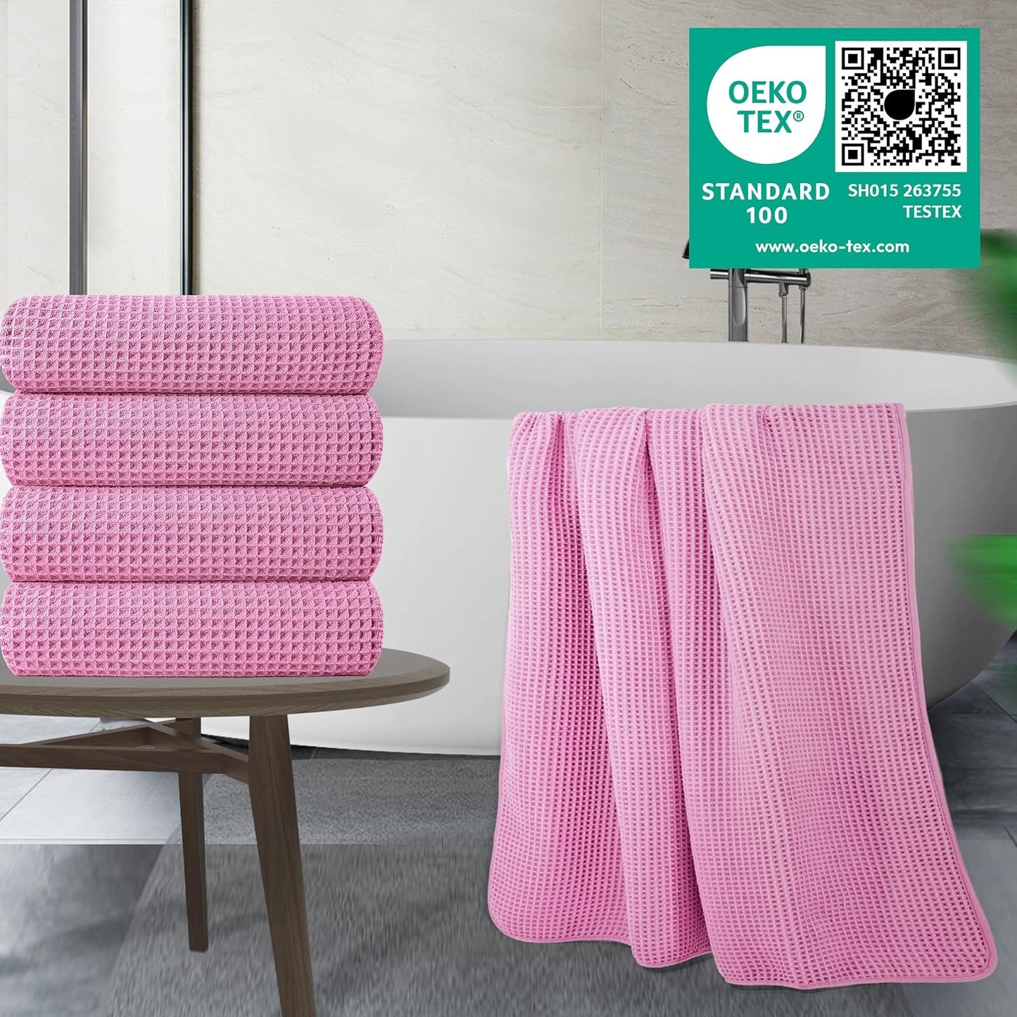 POLYTE Microfiber Oversize Quick Dry Lint Free Bath Towel, 60 x 30 in, 4 Pack (Waffle Weave)