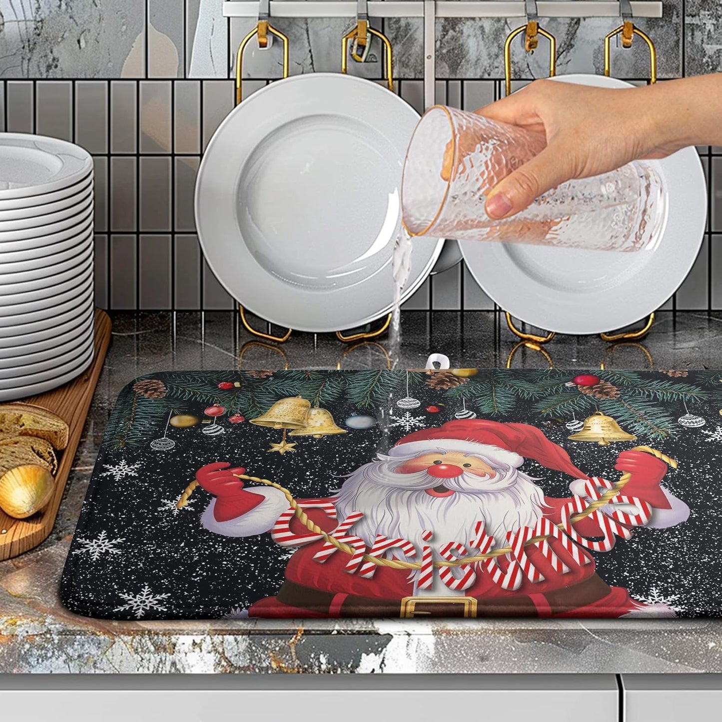 Christmas Santa Claus Dish Drying Mat Winter Drying Dish Mat for Kitchen Countertops Xmas Dish Dryer Mat Microfiber Dishes Drainer Pad Dish Drying Pad (18x24 in)
