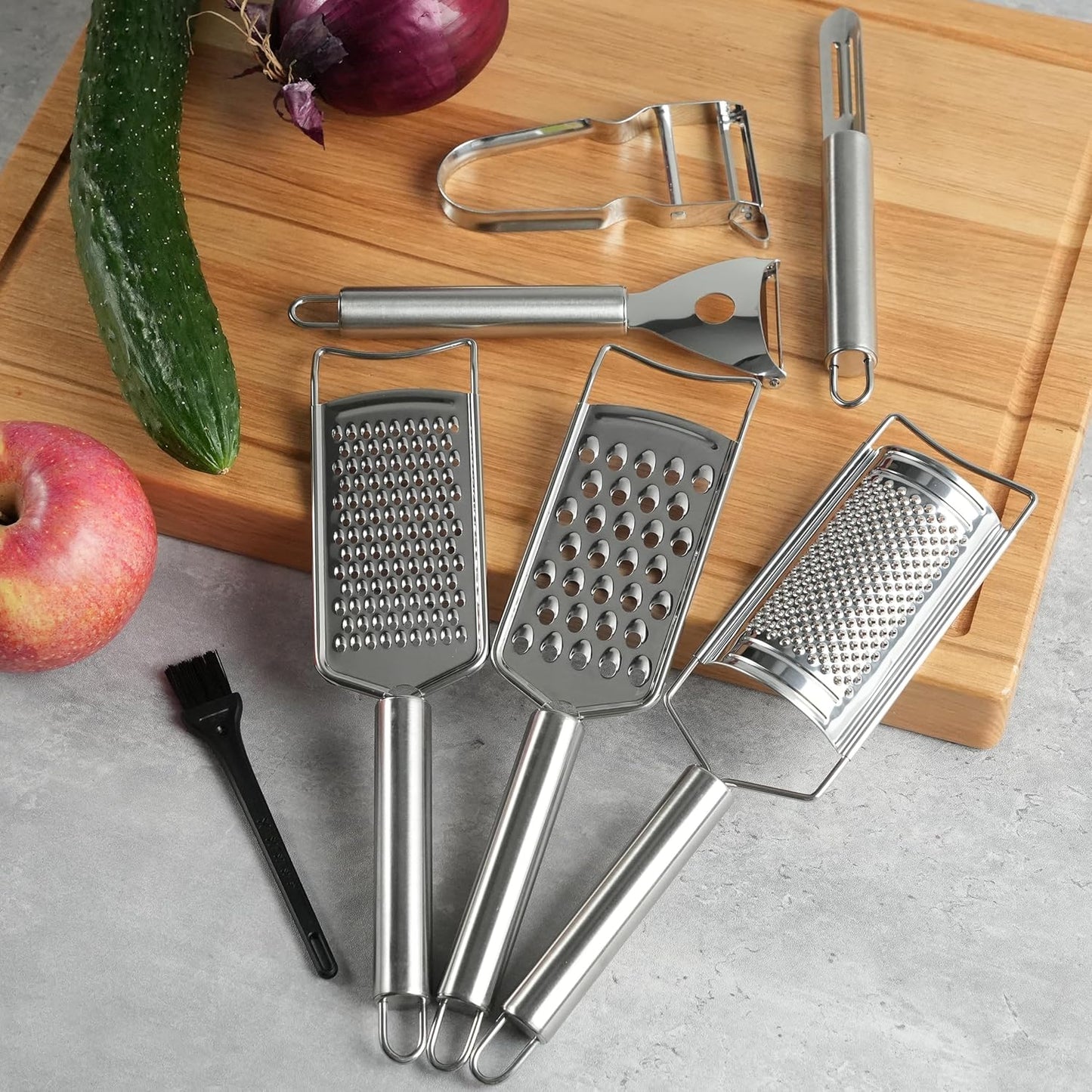 Cheese Grater Set, 7-Piece Zester Grater Peeler Set Stainless Steel Kitchen Utensil Set for Bar Restaurant Home Ginger Lemon Fruit Chocolate Vegetables Apple Gift for Christmas Birthday Housewarming