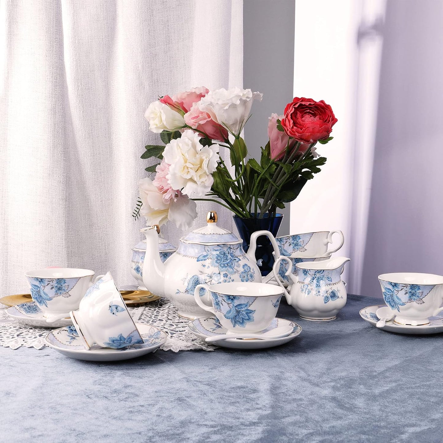 fanquare Blue Flowers Porcelain Tea Set, Tea Cup and Saucer Set Service for 6, Wedding Tea Set with Sugar Bowl Cream Pitcher, Floral Coffee Set for Tea Party