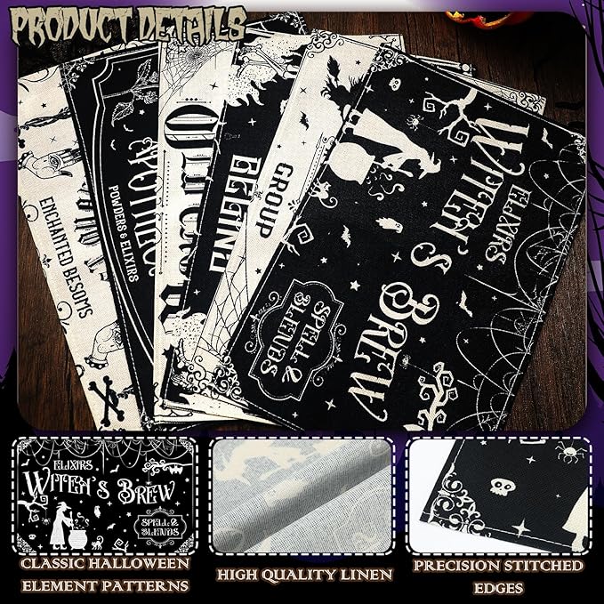 Umigy 6 Pcs Halloween Placemats 12"x18" Gothic Bat Placemats Kitchen Decoration Washable Witch Place Mats Rectangle Skull Table Mats for Halloween Dining Table Accessories(Black White Character Style)