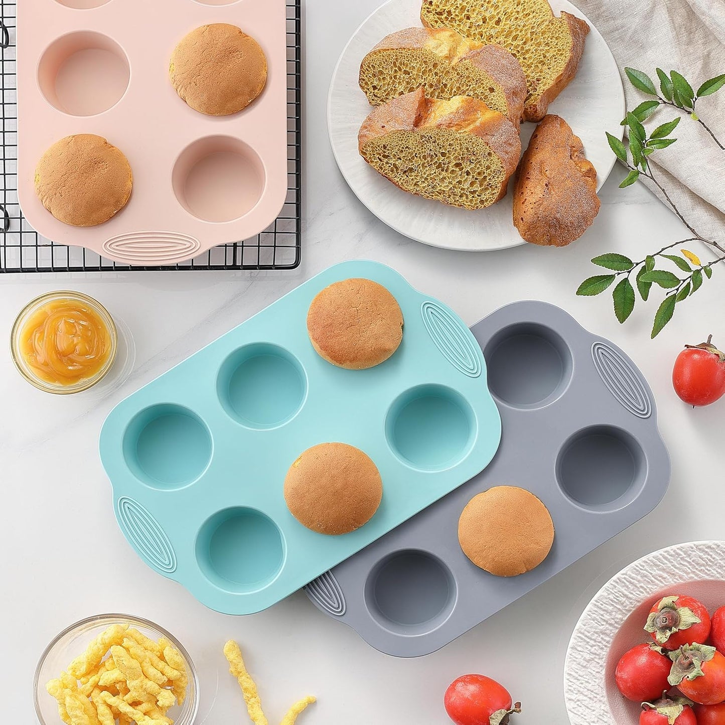 Silicone Muffin Pan, Food Grade Silicone Cupcake Molds for Baking Muffins and Cupcakes, 6-Cup Nonstick Cupcake Pan, Easy Cleaning and BPA-Free (Gray, Orange, Blue)