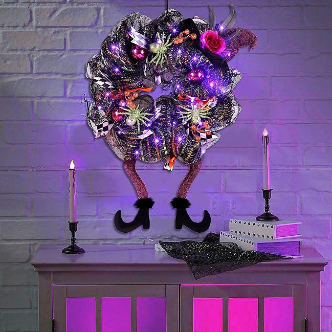 Lulu Home Halloween Front Door Wreath, Purple LED Lighted Witch Hat Wreath, Battery Operated, NOT PRELIT