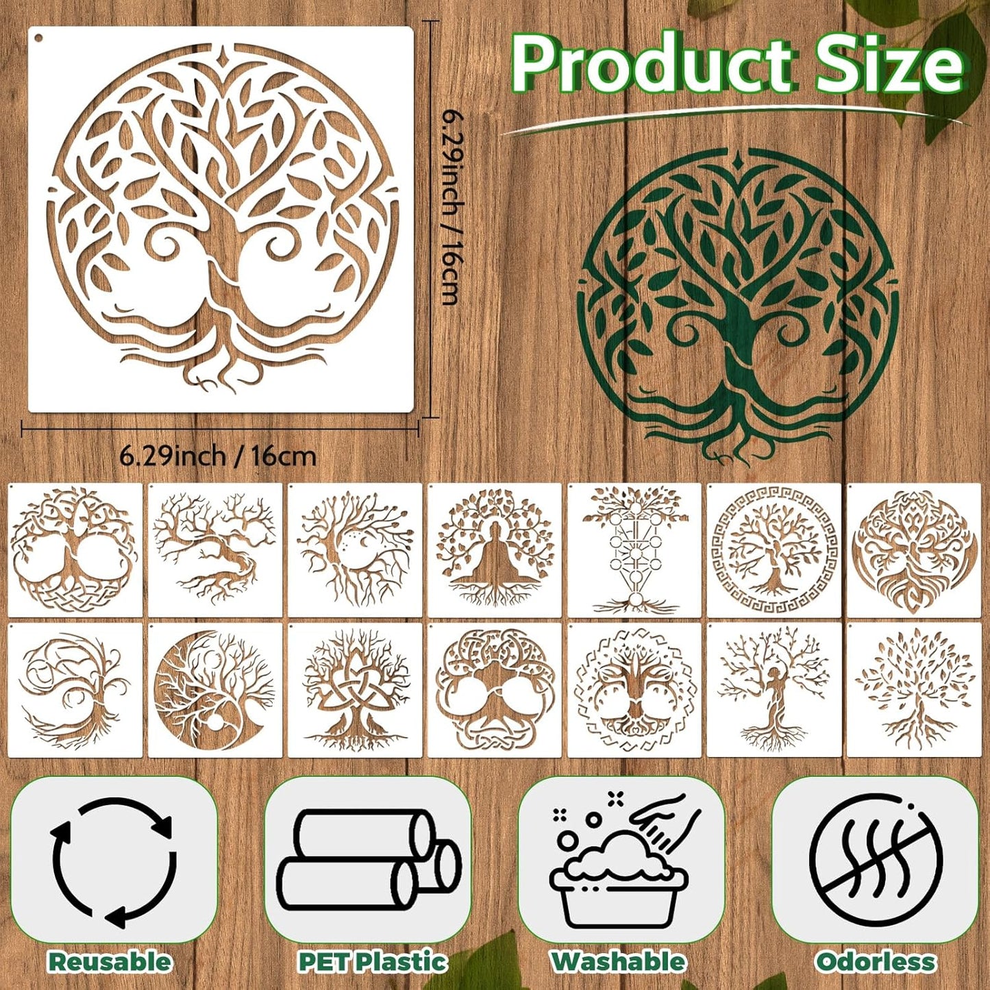 Yazhiji 15Pcs 6 x 6 Inch Tree of Life Stencil, Reusable Stencils for Painting on Wood Decoration Painting Templates for Wall Floor DIY Decorations Christmas Gifts for Kids