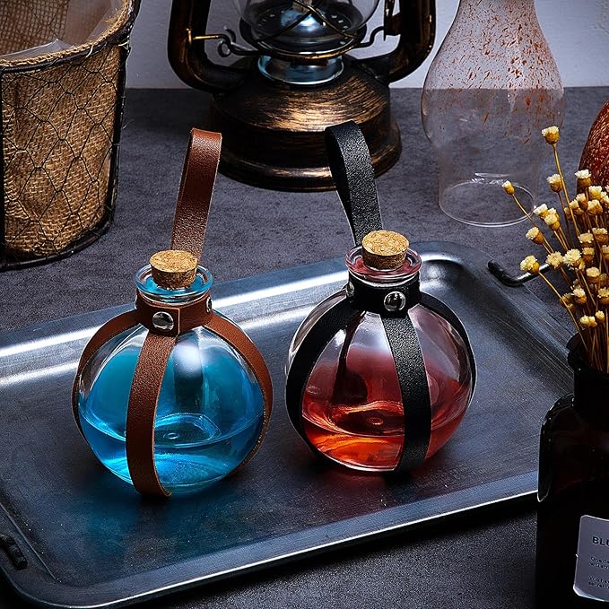 Patelai 2 Pcs Halloween Glass Potion Bottles with Belt Cork Renaissance Witch Costume Accessories Witch Props Potion Bottle for Halloween Party Decor Cosplay DIY Crafts Gift (Black,Brown)