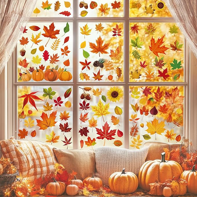 9 Sheets Fall Decorations, 274 PCS Fall Window Clings, Double Sided Autumn Stickers with Maple Leaves Pumpkin Nuts, Autumn Window Clings for Party Thanksgiving Decor Indoor Outdoor Accessories