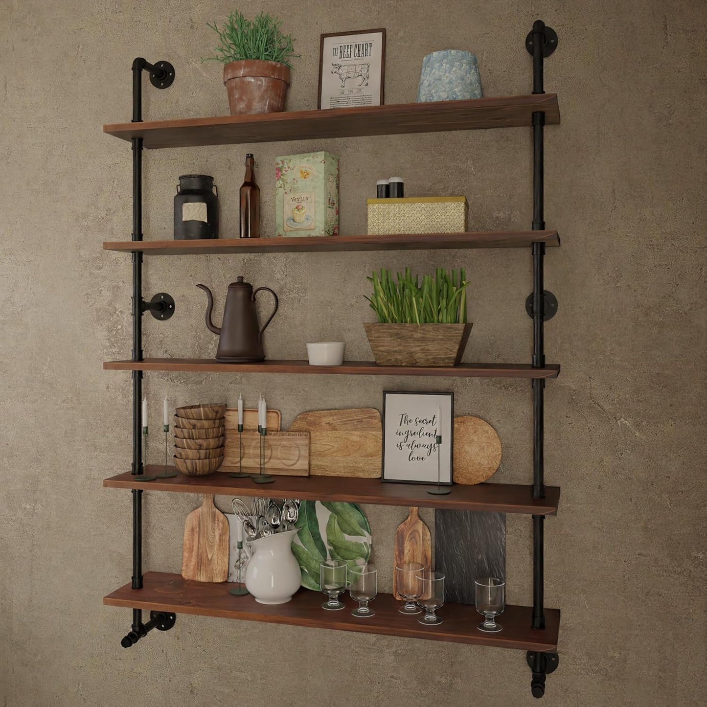 Industrial Pipe Wall Shelves Pipe Shelving with Real Wood Plank ,48 Inches Floating Shelves for Wall Farmhouse Pipe Book Shelves Dark Brown 5 Tier for Kitchen,Living Room Decor and Bar Shelving