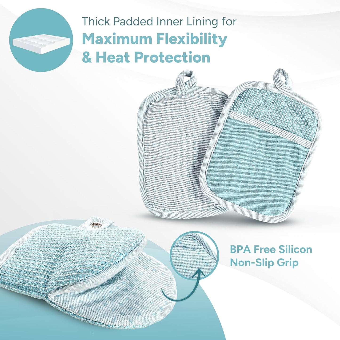 Casa Platino Silicone Oven Mitts & Pot Holders, 4-Piece – Oven Mitt for Baking & BBQ, Pot Holders for Kitchen, Hot Dishes & Microwave – Heat Resistant Up to 500°F, Non-Slip & Machine Washable – Aqua