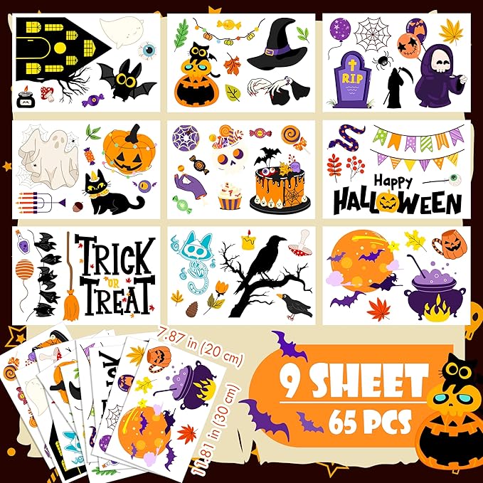 Halloween Window Clings - Halloween Decorations Static Window Stickers for Glass, Removable Large Double-Sided Window Decals for Indoor Home Decor, Bat Fall Cute Party Gift, 65 PCS/9 Sheet