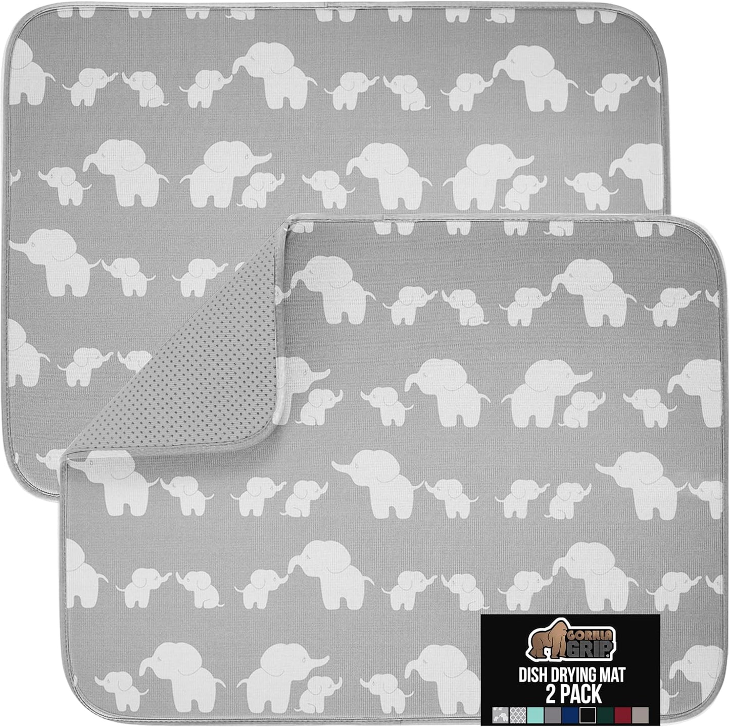GORILLA GRIP Ultra Water Absorbent Microfiber Dish Drying Mat, Quick Dry Mesh, Slip Resistant Pad for Sink Dishes or Under Rack, Kitchen Counter Accessories, 16x18, Machine Wash, 2 Pack Elephants
