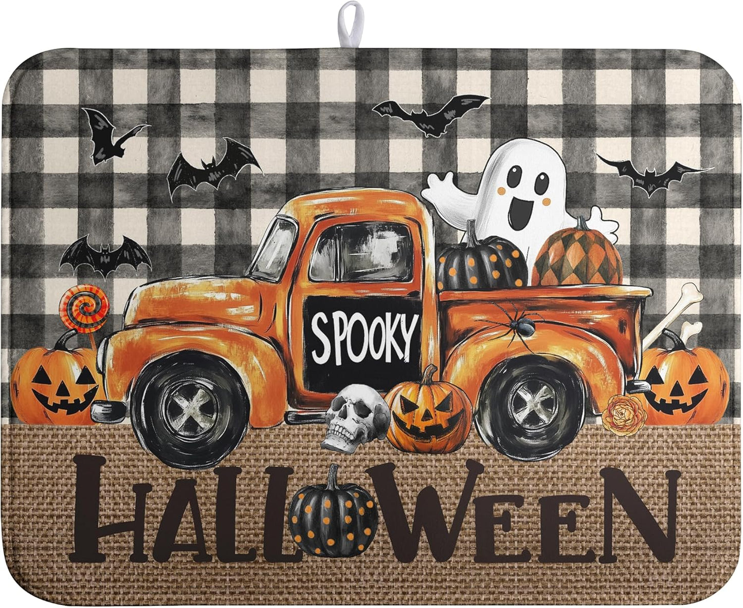 Halloween Buffalo Plaid Dish Drying Mat Fall Pumpkin Rustic Large Kitchen Mats Dish Drying Pad Absorbent Dish Dryer Mat for Kitchen Countertops Microfiber Drainer Pad Dish Drying Mats (18x24 in)