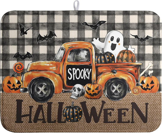 Halloween Buffalo Plaid Dish Drying Mat Fall Pumpkin Rustic Large Kitchen Mats Dish Drying Pad Absorbent Dish Dryer Mat for Kitchen Countertops Microfiber Drainer Pad Dish Drying Mats (18x24 in)