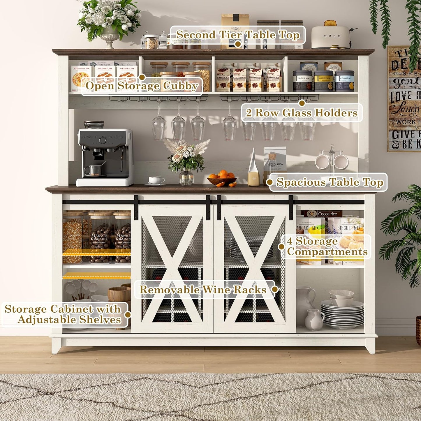 63"Wide 58"H Farmhouse Coffee Bar Cabinet with LED Light,Wine Bar Cabinet w/ 4 Storage Hutch,Kitchen Buffet Cabinet w/Sliding Barn Door & 15 Wine and Glass Racks for Kitchen Dining Room(Antique White)