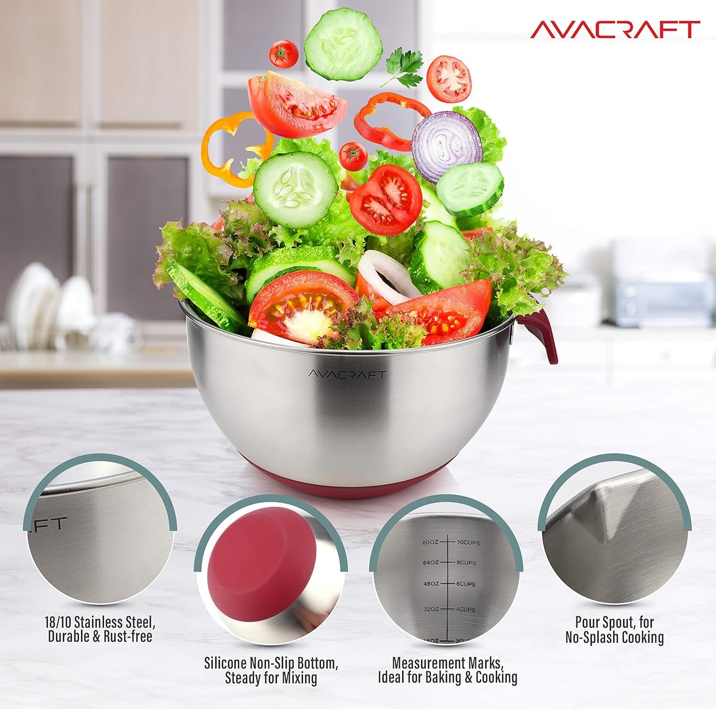 AVACRAFT 18/10 Stainless Steel Mixing Bowls with Lids, non slip silicone base bowls with Handle, Mixing Bowl Set with Pour Spouts & Measurement Marks, Home Essentials Cooking Bowls, (Red)