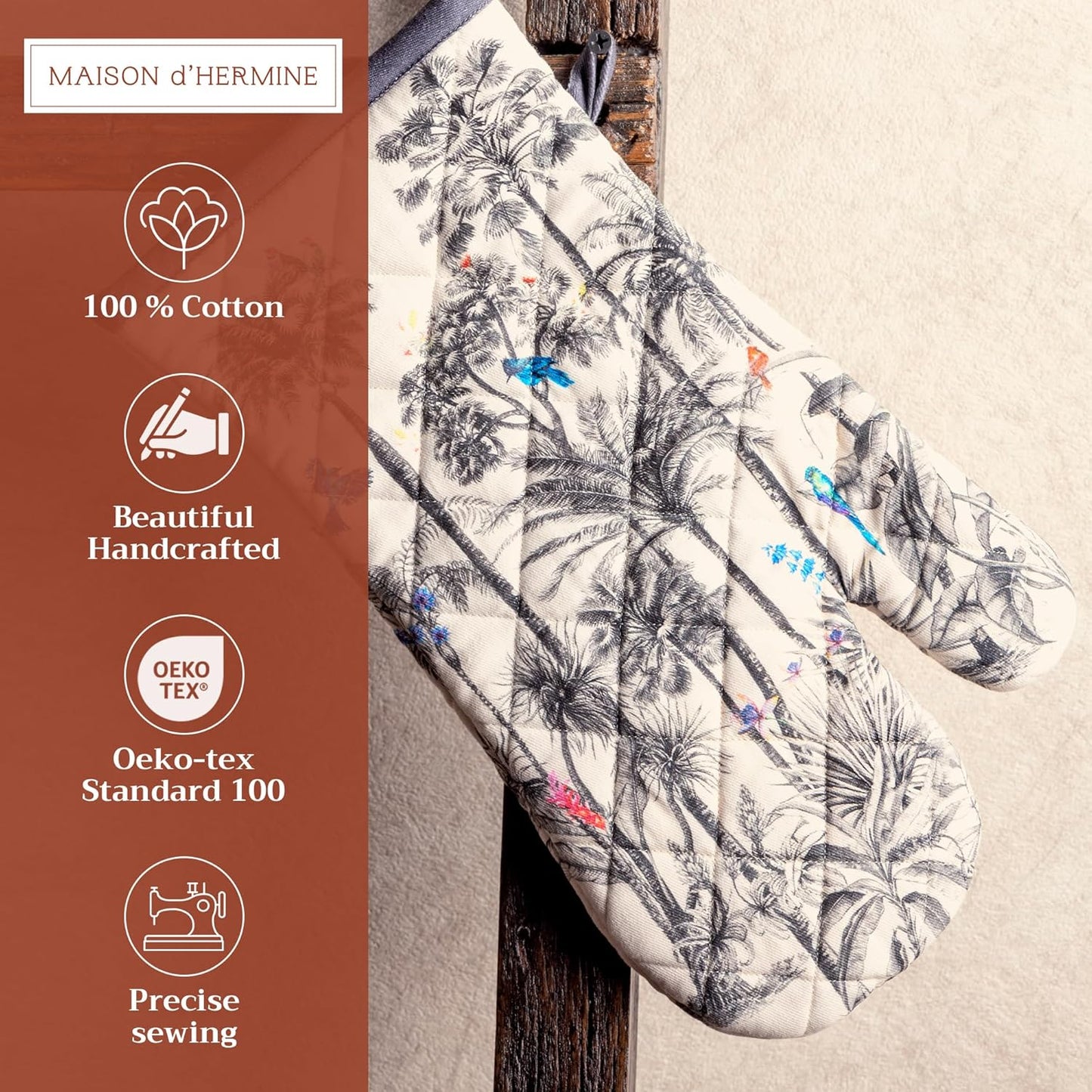Maison d' Hermine Oven Gloves 100% Cotton Oven Mitt 7" x 13" with Loop Heat Resistant, BBQ, Cooking Gloves, Baking, Grilling, Kitchen, Handling Hot Pans (Pack of 1, Amazonia)