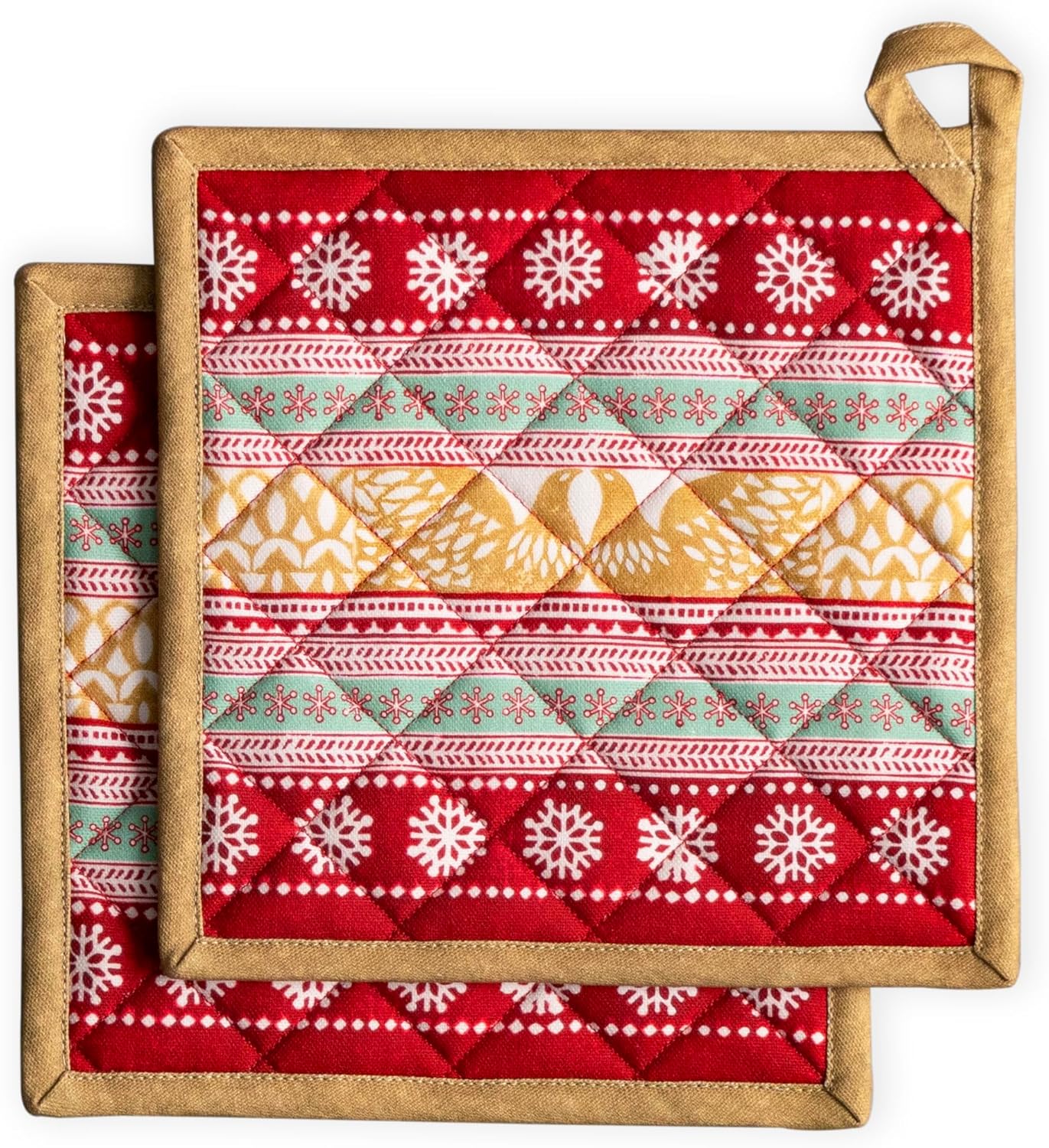 Maison d' Hermine Pot Holders Set 100% Cotton Heat Resistant Potholders 8" x 8" Hot Pads with Loop BBQ, Cooking, Baking, Grilling, Kitchen, Handling Hot Pans (Pack of 2, Sofia)