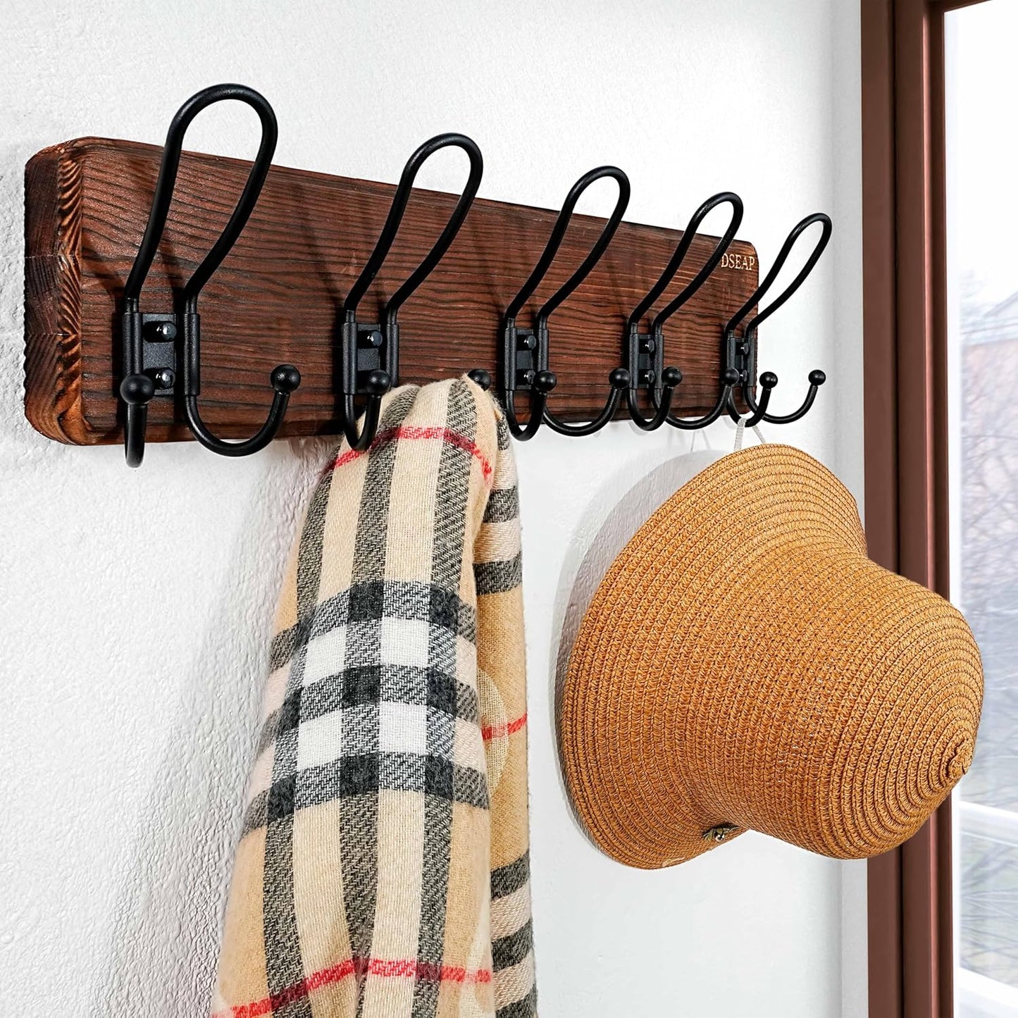 Dseap Coat Rack Wall Mounted - Heavy Duty Farmhouse Rustic Wall Coat Hanger with 5 Wire Hooks for Clothes Hat Jacket Towel, RusticWire, J1-5A, Rustic Brown & Black, Pack of 2
