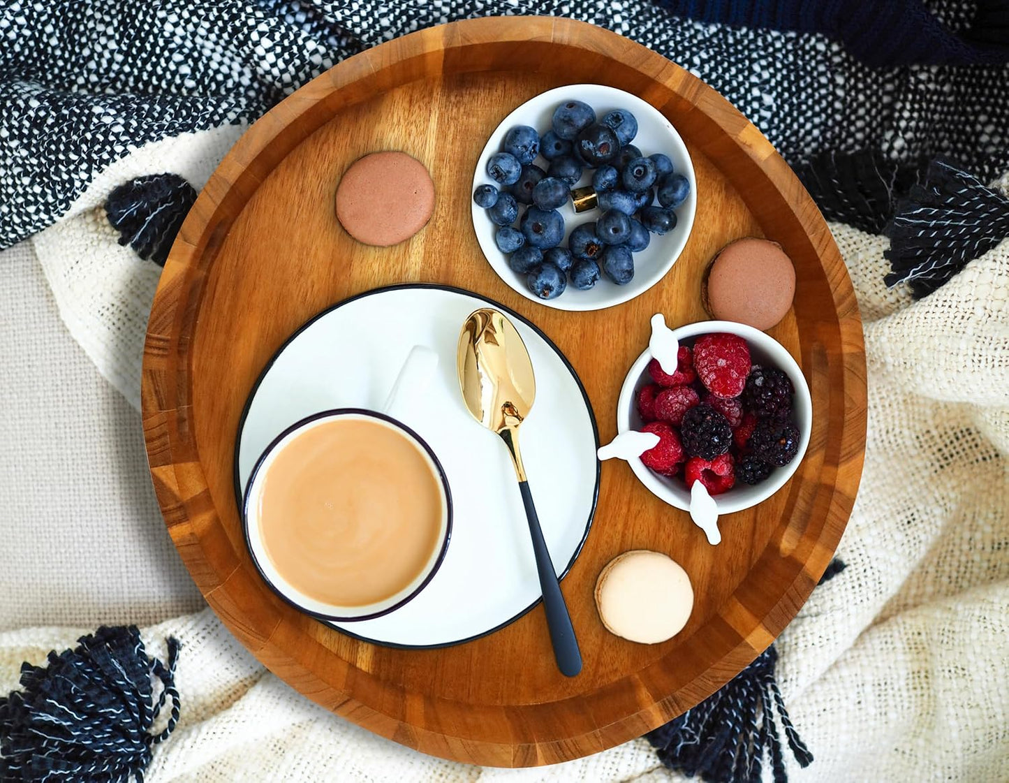 Acacia Wood Serving Tray with Handles, Round-12.6inch Perfect for Breakfast, Lunch, Dinner, Food Snacks Drinks for Coffee Table,Decorative Ottoman Tray for Living Room Kitchen, Bedroom