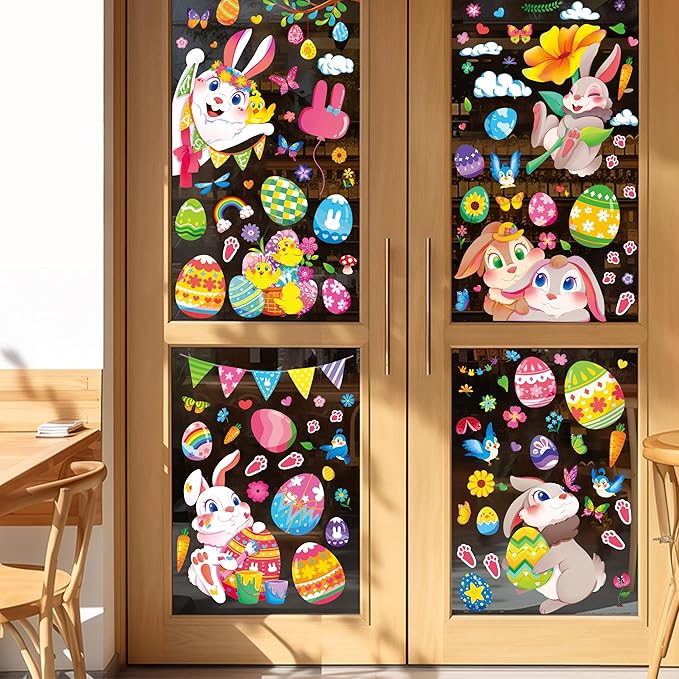 Large Easter Window Clings - Bunny Window Stickers Decals for Glass Windows, Cute Easter Egg Double Sided Reusable Window Holiday Decorations, Bird Office Spring Patry Decor, 9Sheet/121PCS