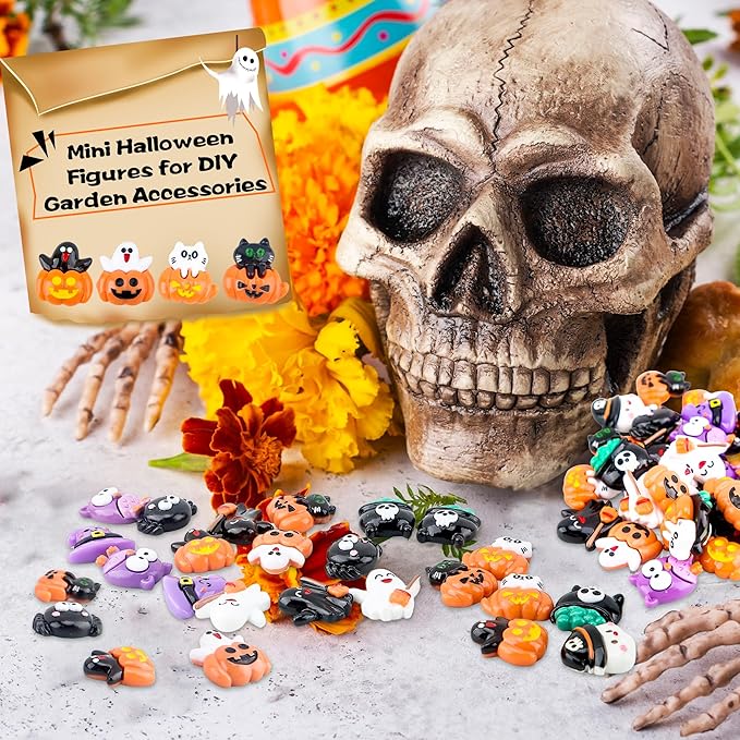 65 Pcs Mini Halloween Figurines Bulk Miniatures Resin Pumpkin Ghost Candy Hat Halloween Garden DIY Accessories for Halloween Decoration Goodie Bags Stuffers, 10 Styles
