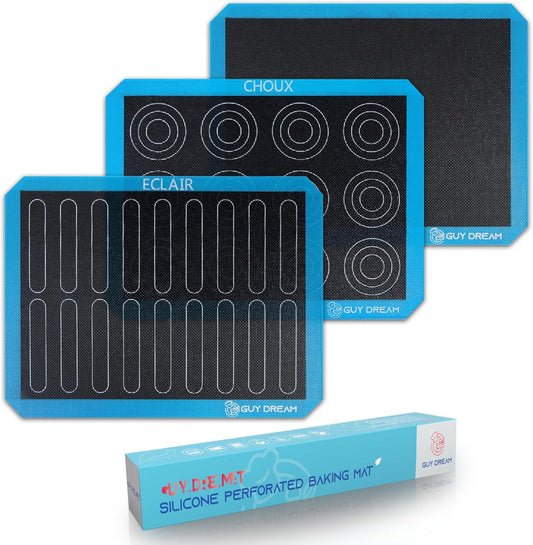 3PCs GUY DREAM Perforated Silicone Baking Mat 11-4/5" x 15-3/4" - 1 Choux Mat, 1 Eclair Mat and 1 Blank Mat for Baking Cookie- Steaming Mesh For Half Size Cooking Sheet- Non-Stick Reusable Oven Liner