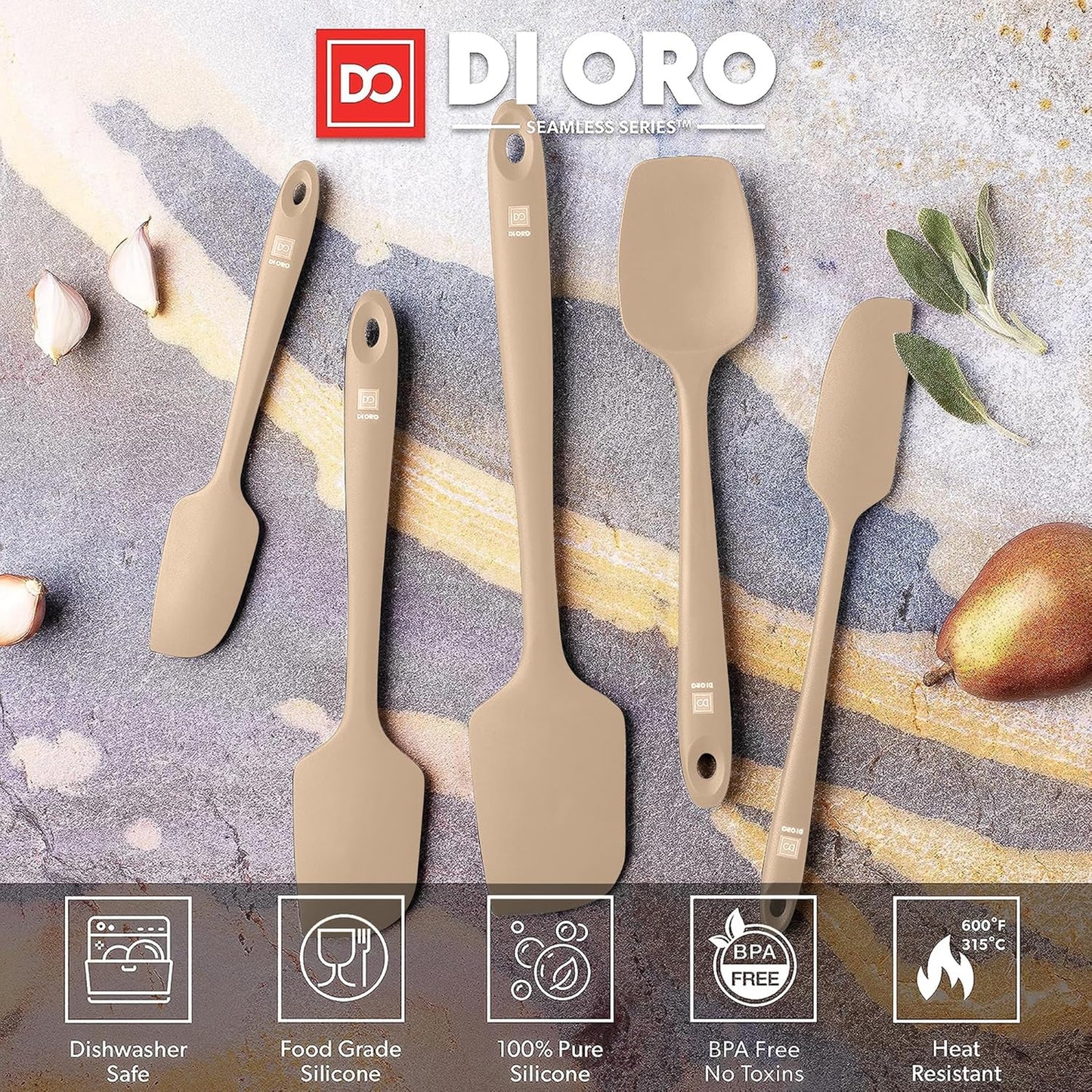 DI ORO Silicone Spatula Set - Rubber Kitchen Spatulas for Baking, Cooking, & Mixing - 600°F Heat-Resistant & BPA Free Silicone Scraper Spatulas for Nonstick Cookware - Dishwasher Safe (5pc, Clay)
