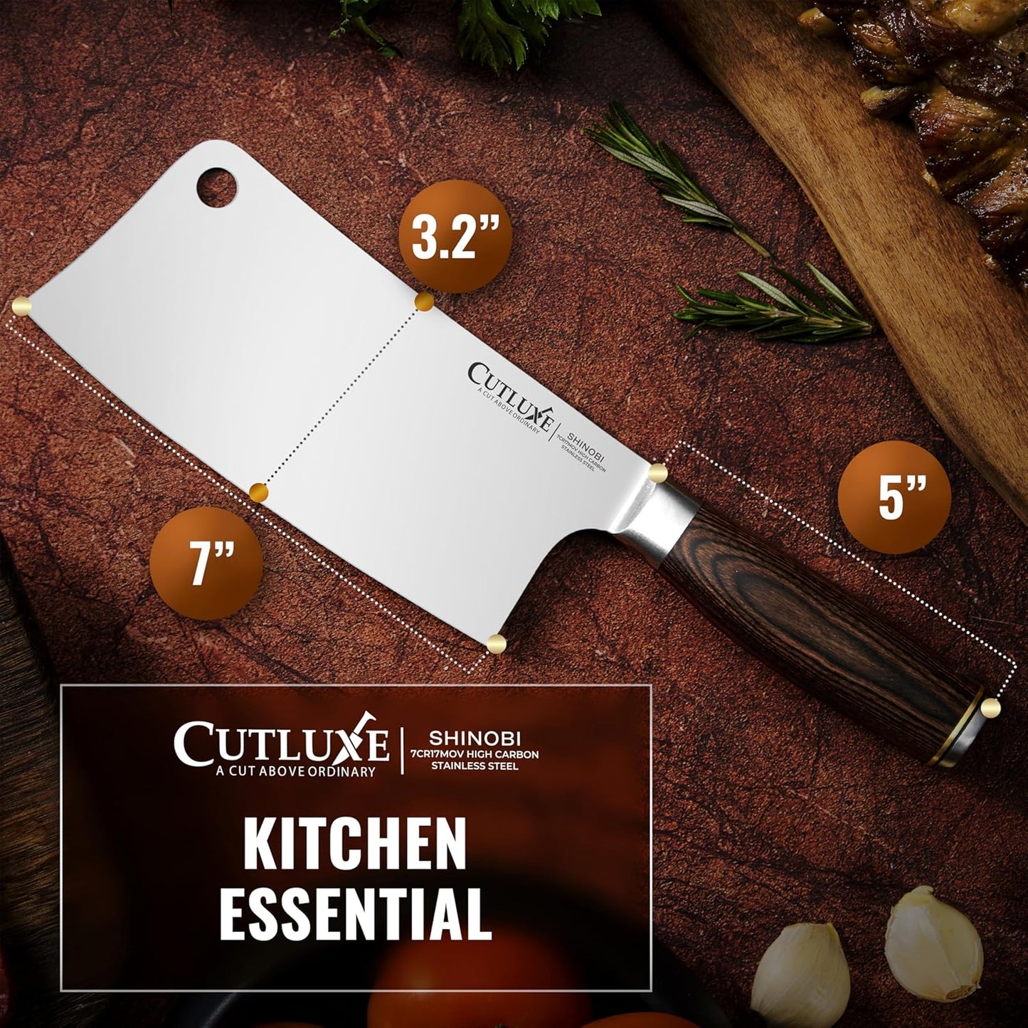 Cutluxe Meat Cleaver Knife – Ultra Sharp 7" Meat Cleaver, Butcher Knife, High Carbon Stainless Steel Blade, Full Tang Pakkawood Handle – Shinobi Series