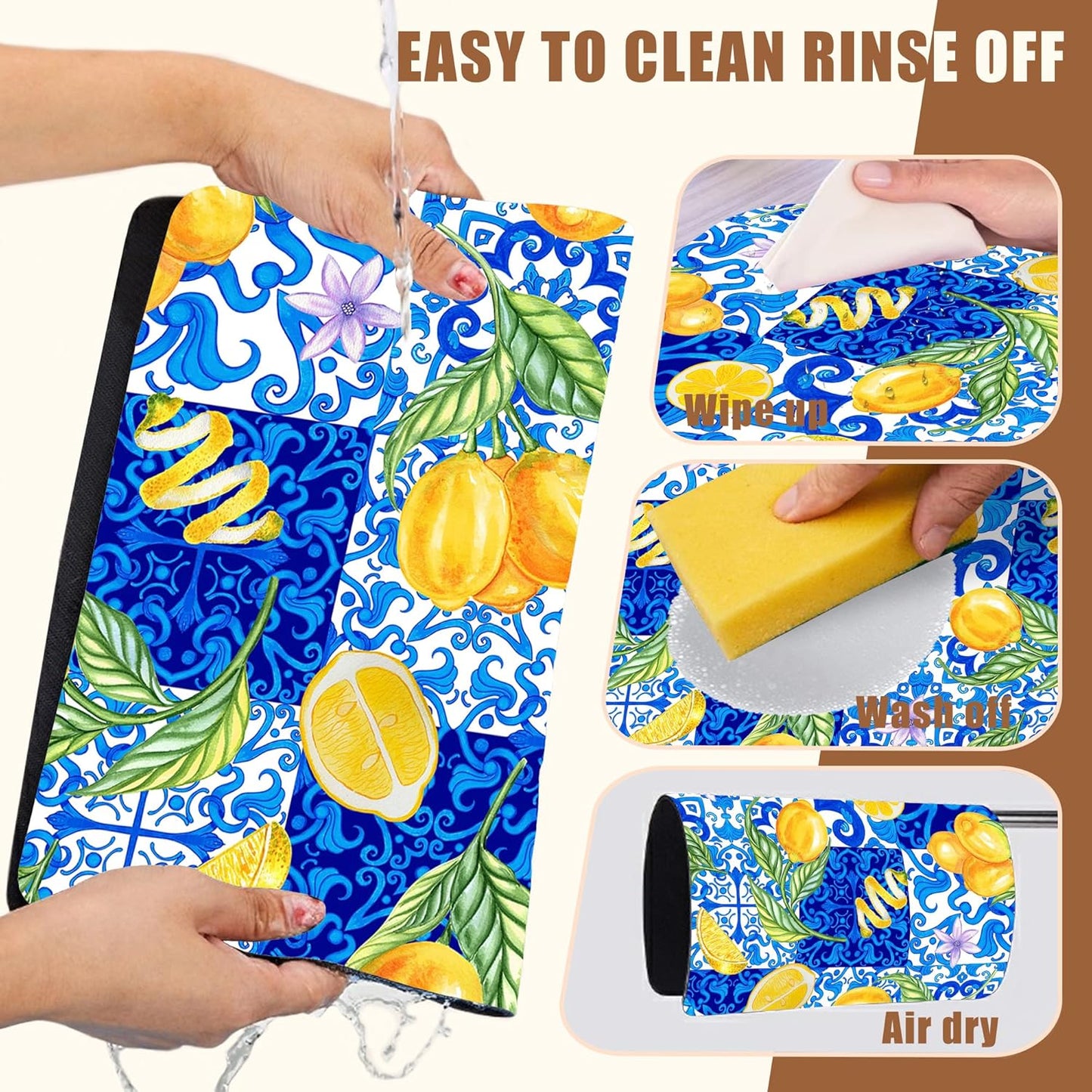 Lemon and Blue Tile Dish Drying Mat for Kitchen Counter Coffee Bar Mat Hide Stain Absorbent Rubber Backed Drying Rack Pad Espresso Machine Coffee Bar Accessories 11.8 x 19.7 Inch