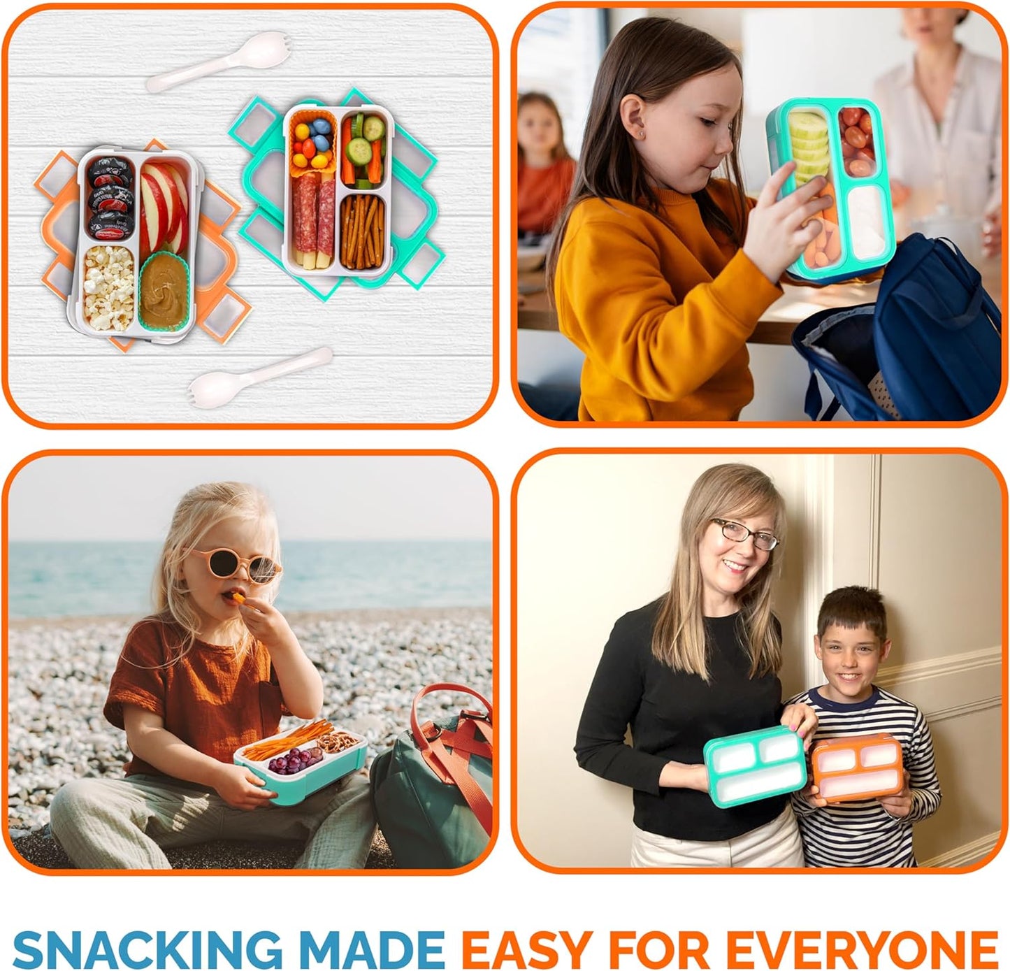 MINI Lunch-Box Snack Containers for Kids | SMALL Bento-Box Portion Container | Leak-proof Boxes for School Work Travel | Best for Adults Boys or Girls | Blue + Orange Set of 2