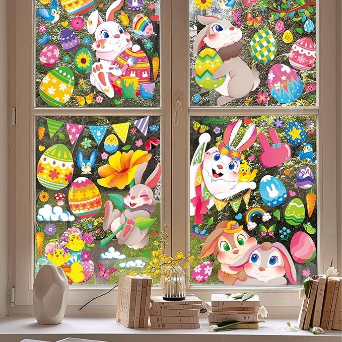 Large Easter Window Clings - Bunny Window Stickers Decals for Glass Windows, Cute Easter Egg Double Sided Reusable Window Holiday Decorations, Bird Office Spring Patry Decor, 9Sheet/121PCS