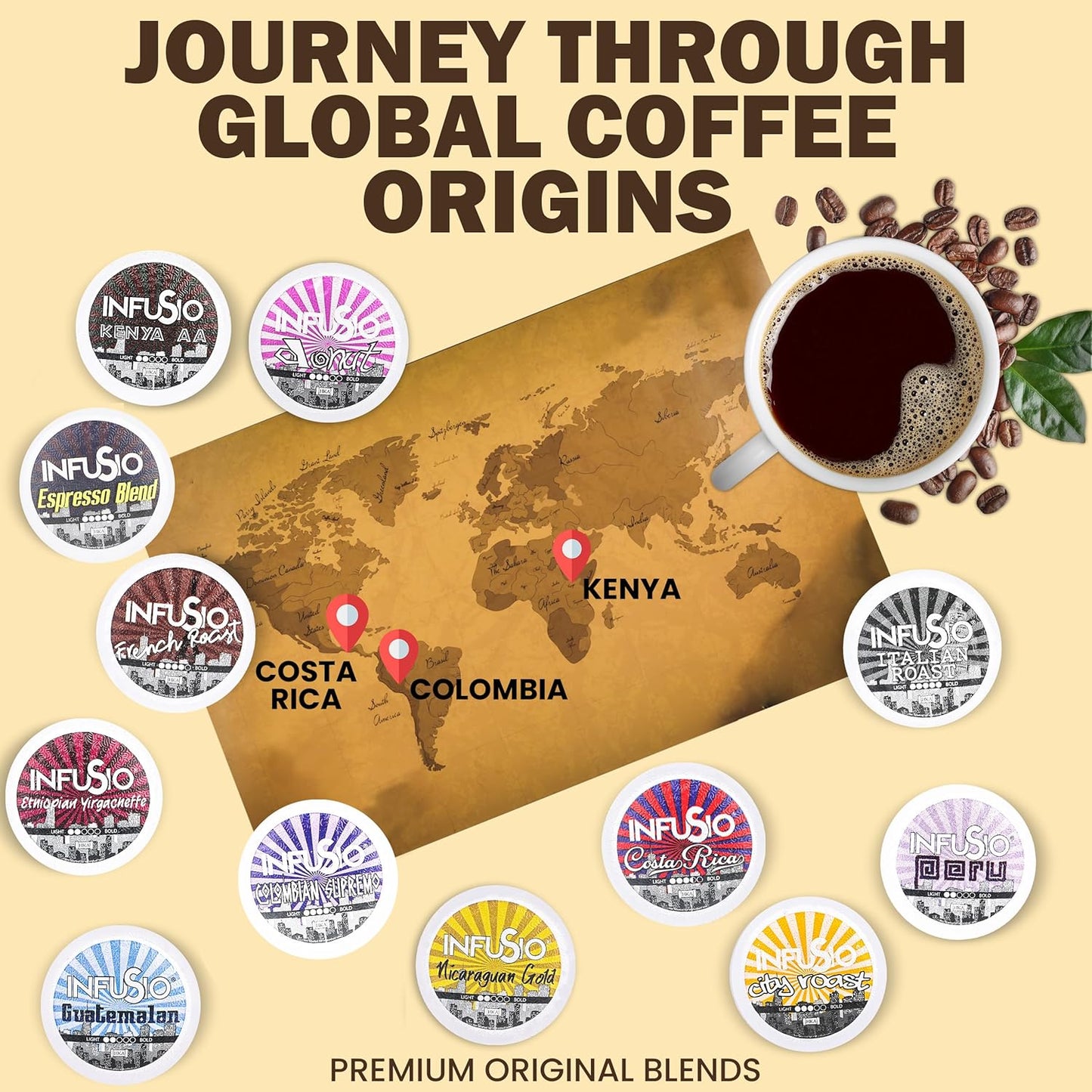 InfuSio Coffee Pods 96 Count Colombian Supremo Medium Dark Roast Single serve Coffee pods for Keurig K Cup® Brewers - InfuSio Premium Roasted Keurig 2.0 Compatible