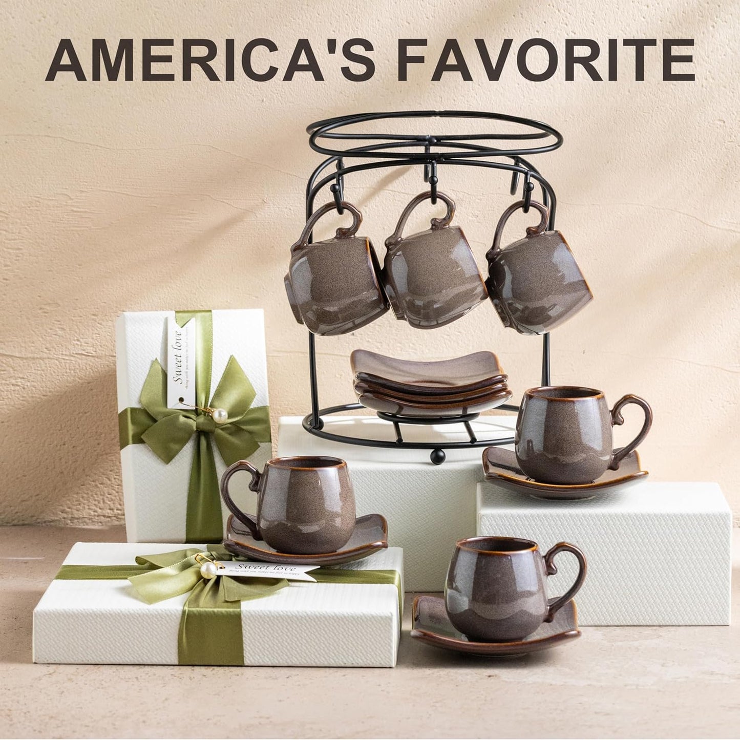 LYEOBOH 3oz Coffee Espresso Cups with Saucers Set of 6, Ceramic Small Coffee Cups with Holder and Spoons, Cute Demitasse Cups for Espresso, Latte, Mocha, Housewarming Gift - Farmhouse, Brown