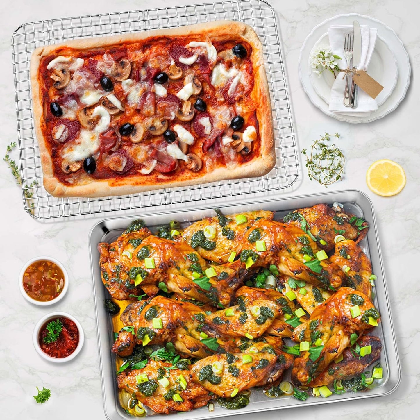 P&P CHEF 17.5 Inch Baking Sheet and Rack Set, Stainless Steel Cookie Sheets Oven Baking Pans Trays with Cooling Racks for Cooking & Roasting, Oven & Dishwasher Safe, (2Pcs)