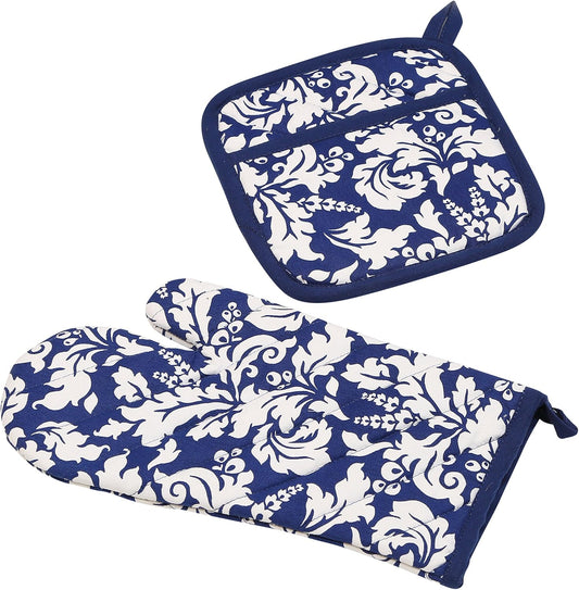 Yourtablecloth Set of Oven Mitt and Pot Holder or Oven Gloves-100% Cotton, High Heat Resistance, Superior Protection & Comfort–Elegant Design-Machine Washable-Nautical Blue