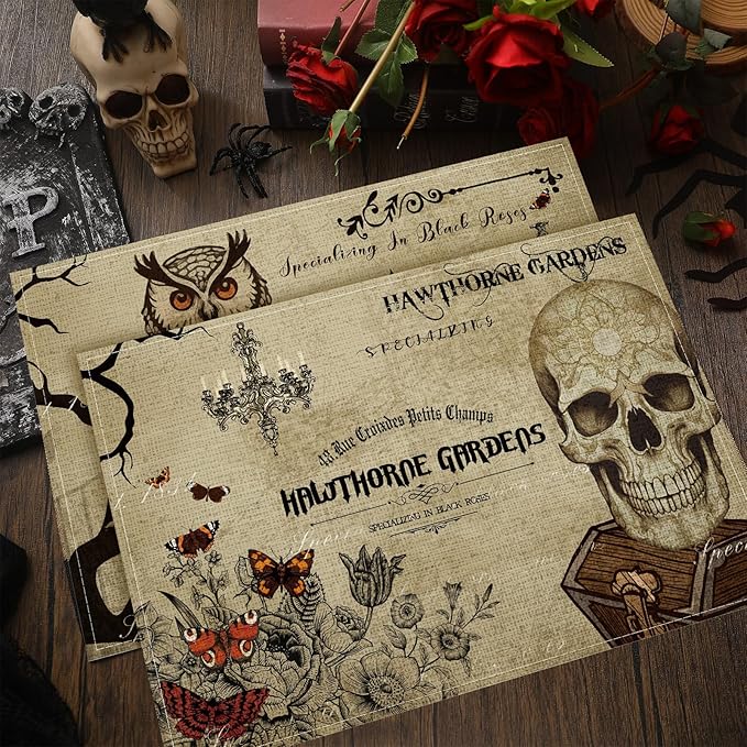 Umigy 6 Pcs Halloween Placemats 12"x18" Gothic Bat Placemats Kitchen Decoration Washable Witch Place Mats Rectangle Skull Table Mats for Halloween Dining Table Accessories(Poster Style)