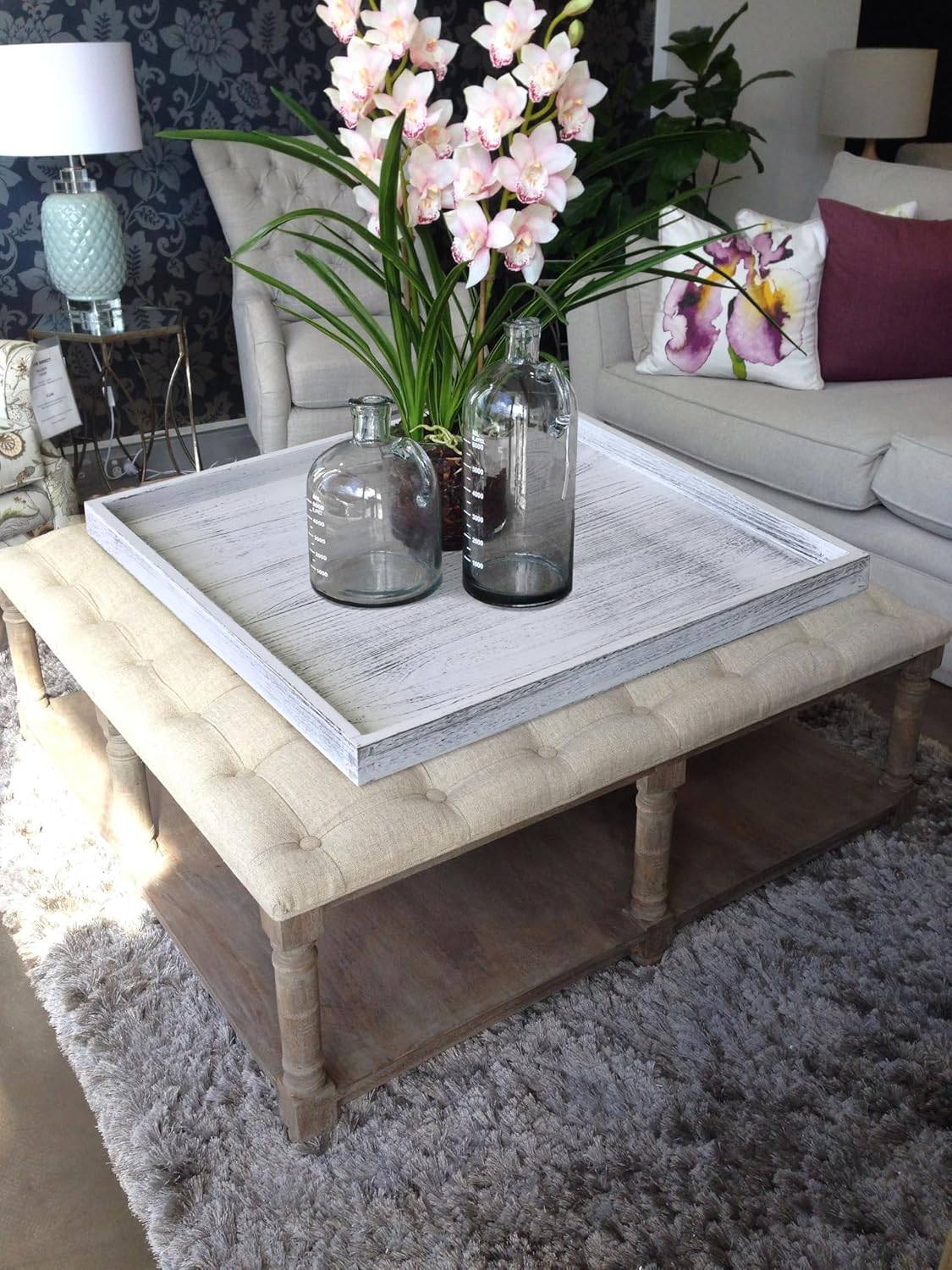 Extra Large Square Ottoman Table Tray 24" - Rustic Wooden Serving Tray for Farmhouse Decorative Oversized Coffee Table Trays Living Room Kitchen Counter Breakfast Whitewash