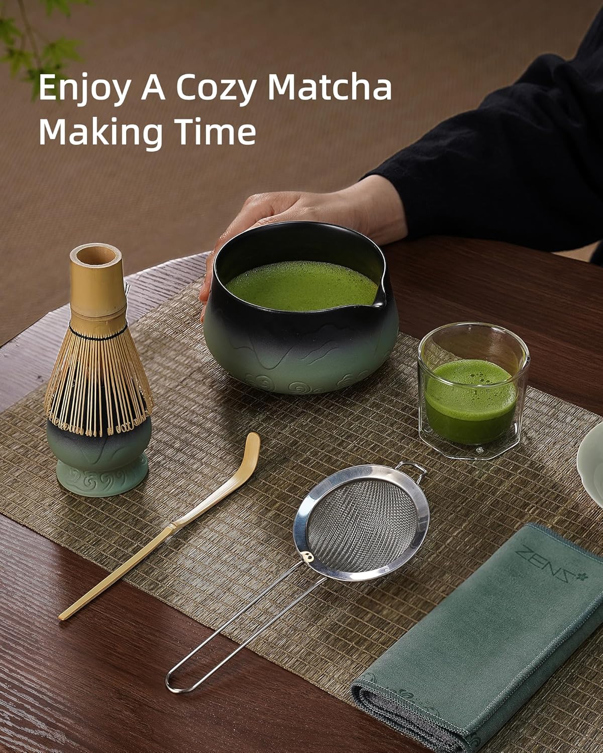 ZENS Matcha Whisk Set, 7pcs Matcha Kit Set with Ceramic Bowl and Matcha Cup, Bamboo Whisk & (Chasen Holder) Sifter, Scoop -Tea Towel, Japanese Chawan for Matcha-Making, Sage Green