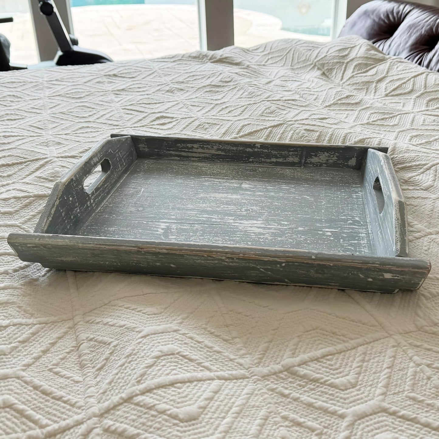 Allgala Wooden Tray 17""x13""x2"" Boat Style Vintage Grey Stylish Rustic Farmhouse Decor Serving Platter | Wooden Ottamen Tray | Coffee Table Tray I Bed Tray, Gray