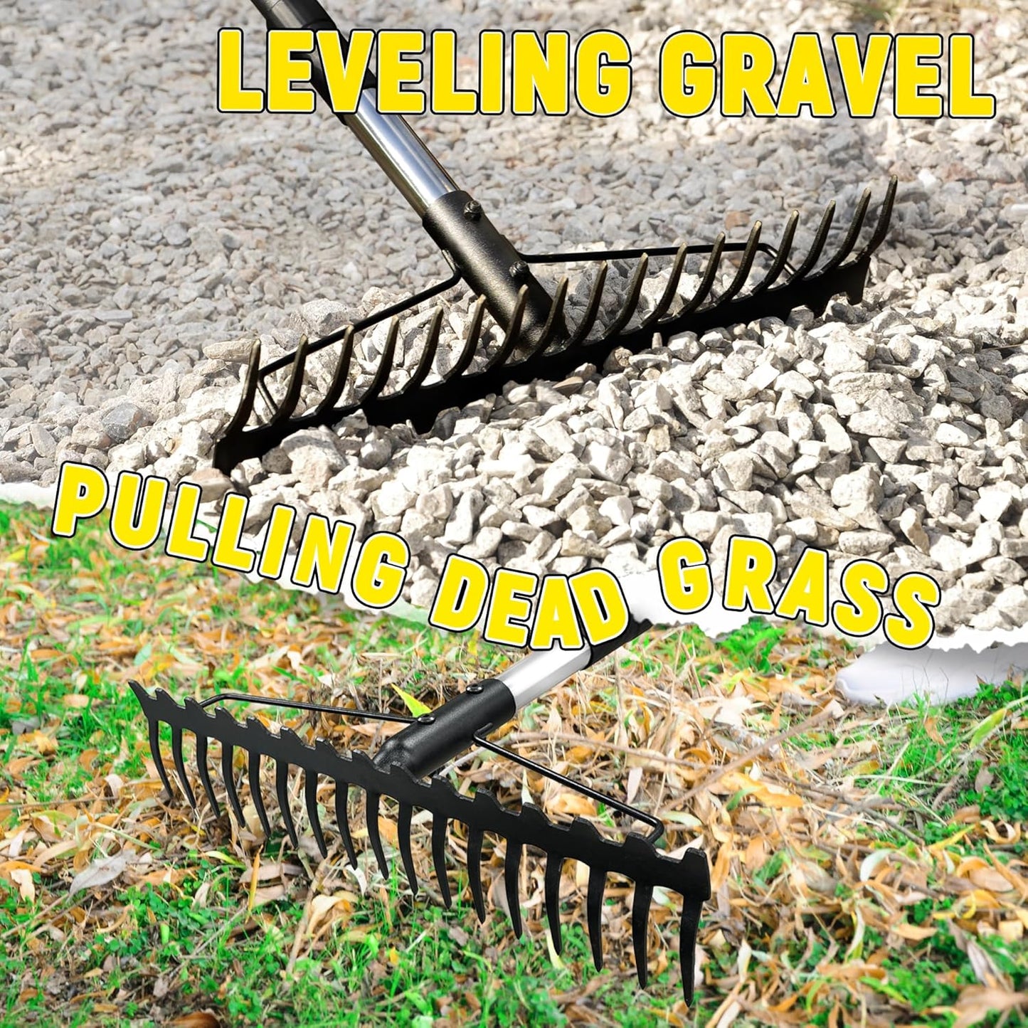 Bow Rake, 68-Inch Adjustable Handle Garden Rake with 17 Steel Tines, Heavy Duty Dual-Sided Metal Rake Landscape Gardening Tool for Soil Loosening Lawn Yard Leaves Mulch Thatch Removing