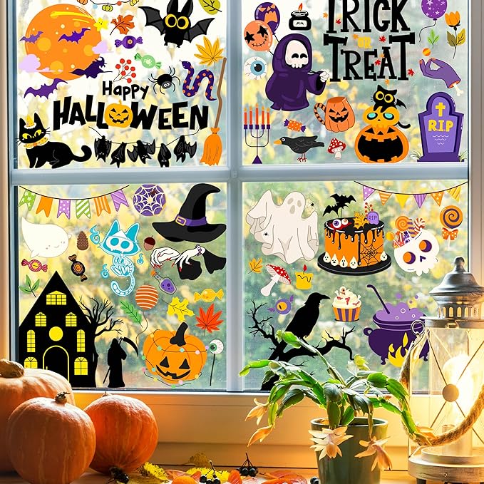 Halloween Window Clings - Halloween Decorations Static Window Stickers for Glass, Removable Large Double-Sided Window Decals for Indoor Home Decor, Bat Fall Cute Party Gift, 65 PCS/9 Sheet