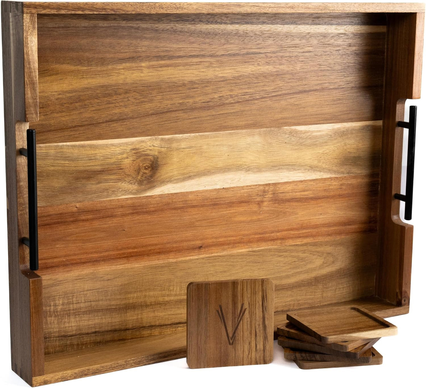 Acacia Wooden Ottoman Tray for Living Room & 6 Coasters Set – 21" Large Coffee Table Serving Tray with Handles, Perfect for Food, Drinks, Kitchen, and Home Decor