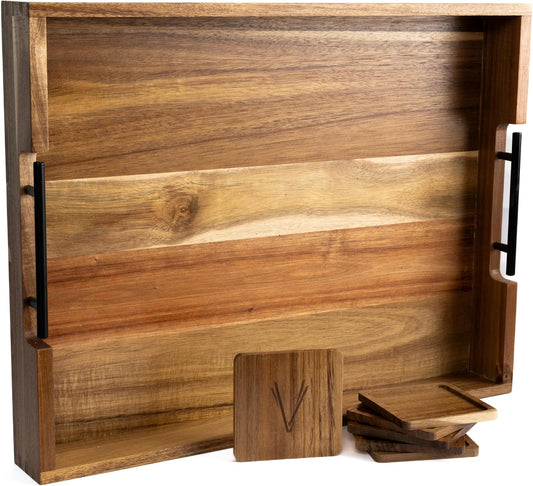 Acacia Wooden Ottoman Tray for Living Room & 6 Coasters Set – 21" Large Coffee Table Serving Tray with Handles, Perfect for Food, Drinks, Kitchen, and Home Decor