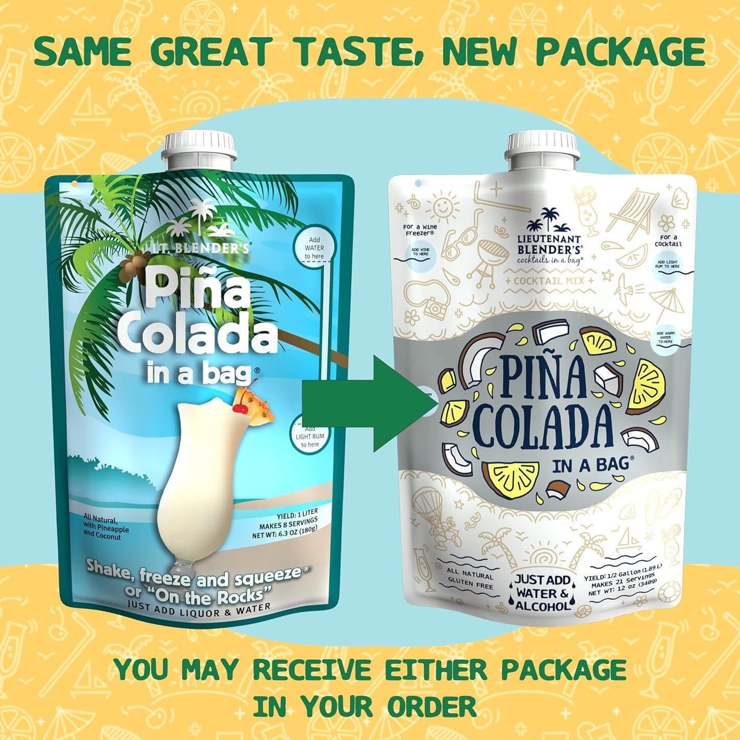 Lt. Blender's Pina Colada in a Bag – Pina Colada Drink Mix - Each Bag Makes 1/2 Gallon of Slushie Pina Colada Mix – Cocktail Mix - Make a Cocktail, Wine Slushie or Mocktail - (Pack of 4)