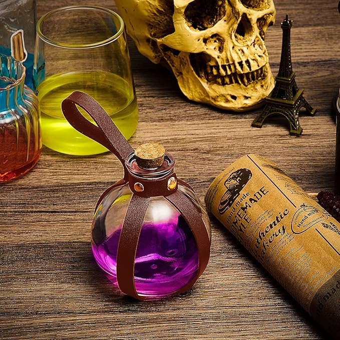 Patelai 6 Pcs Halloween Glass Potion Bottles with Belt Cork Renaissance Witch Costume Accessories Witch Props Potion Bottle for Halloween Party Decor Cosplay DIY Crafts Gift (Brown)