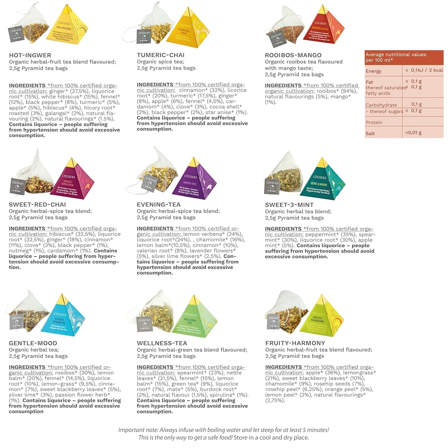 Creano Organic Herbal Tea Gift Set "Organic Herbal Tea" – 18 Pyramid Tea Bags in 9 Different Varieties – 30 g*