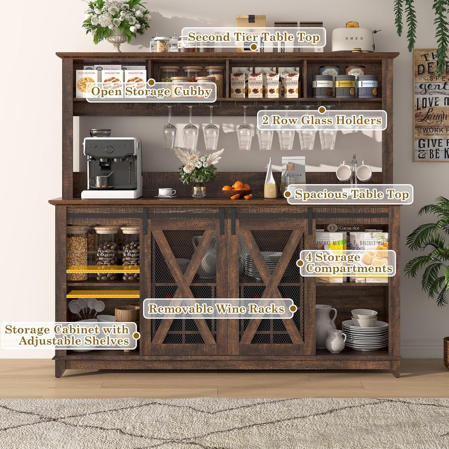 63"Wide 58"H Farmhouse Coffee Bar Cabinet with LED Light,Wine Bar Cabinet w/ 4 Storage Hutch,Kitchen Buffet Cabinet w/Sliding Barn Door & 15 Wine and Glass Racks for Kitchen Dining Room(Brown)