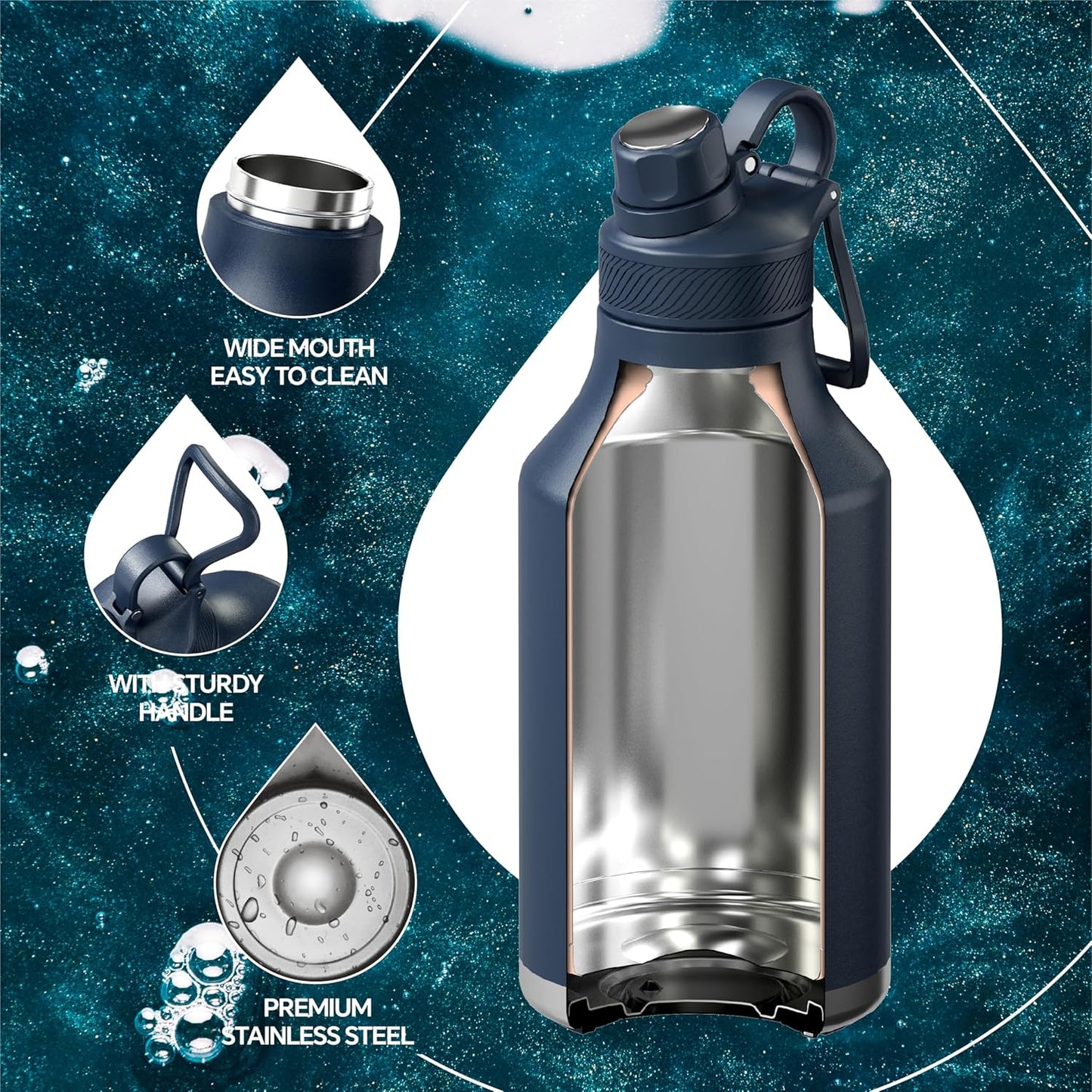 IDEUS Insulated Stainless Steel Water Bottle with 2 Leak-Proof Lids, Thermal Water Flask for Hiking Biking, 64oz, Navy Blue