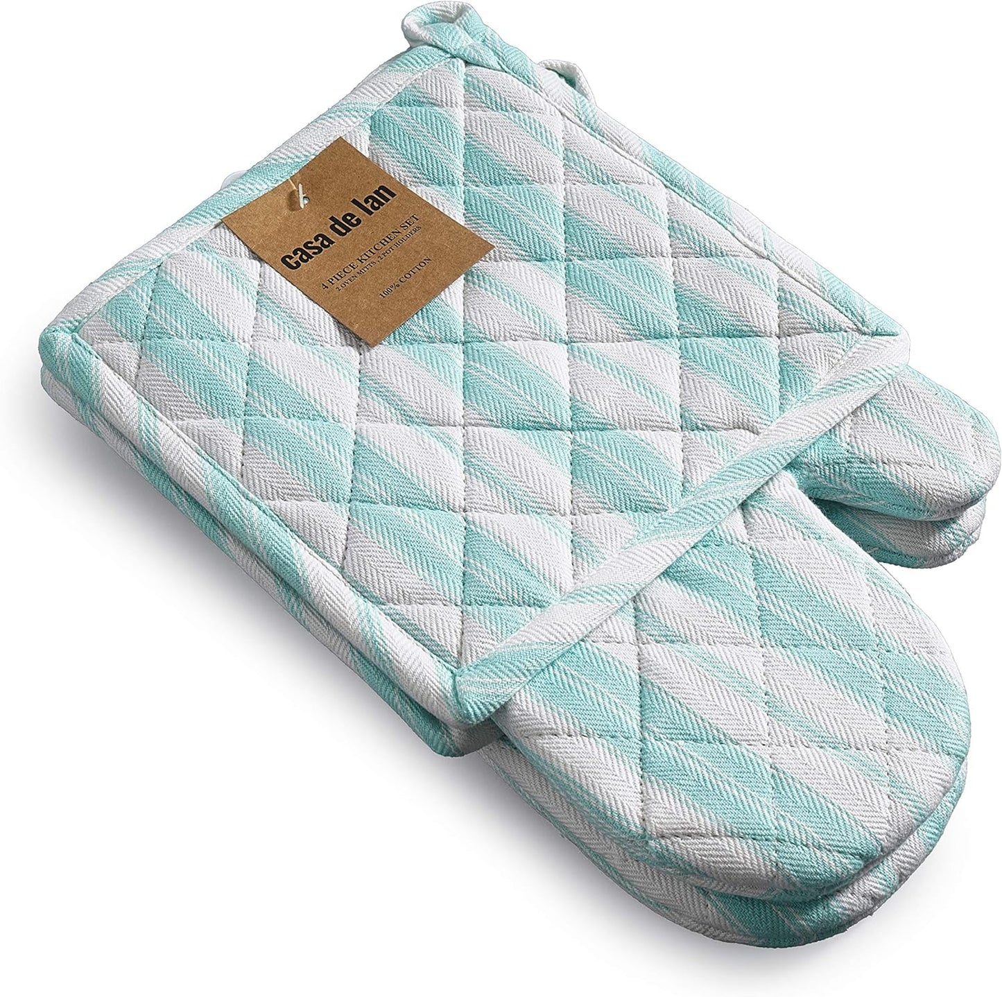Oven Mitts & Potholder Set - Durable Heat Resistant Gloves - Thick Mittens for Kitchen - Suitable for Cooking, Baking, Grilling – BBQ - 2 Oven Mitts & 2 Potholders – Light Blue Stripes - Casa De Lan