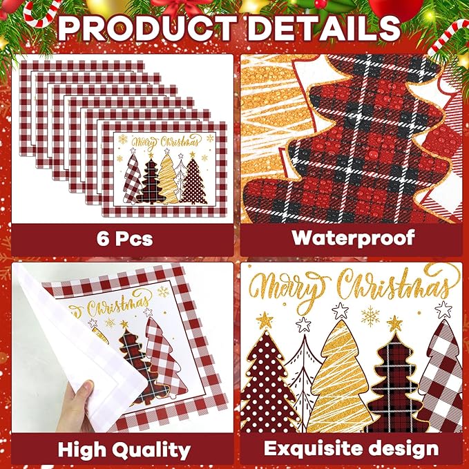 Winter Christmas Placemats Set of 6 Merry Christmas Watercolor Buffalo Plaid Plastic Table Mats Red Gold Xmas Trees Place Mat Holiday Table Decoration for Indoor Outdoor Party Kitchen Dining
